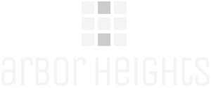 The image shows a logo with the text "arbor heights" and a graphic of a building made of squares.